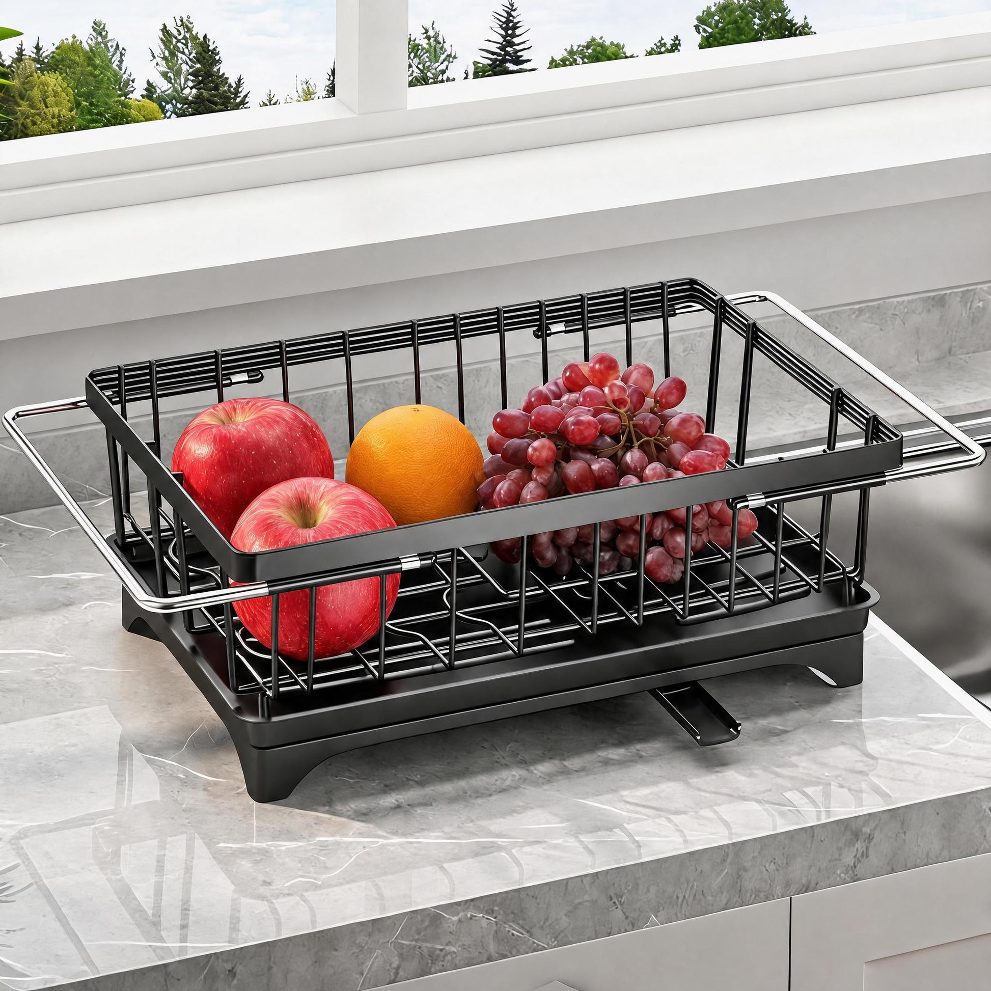 Garvee Over-the-Sink Dish Drying Rack, Expandable Kitchen Dish Drainer with Adjustable Arms, Heavy-Duty Carbon Steel Sink Basket for Dishes, Vegetables & Fruit, Black