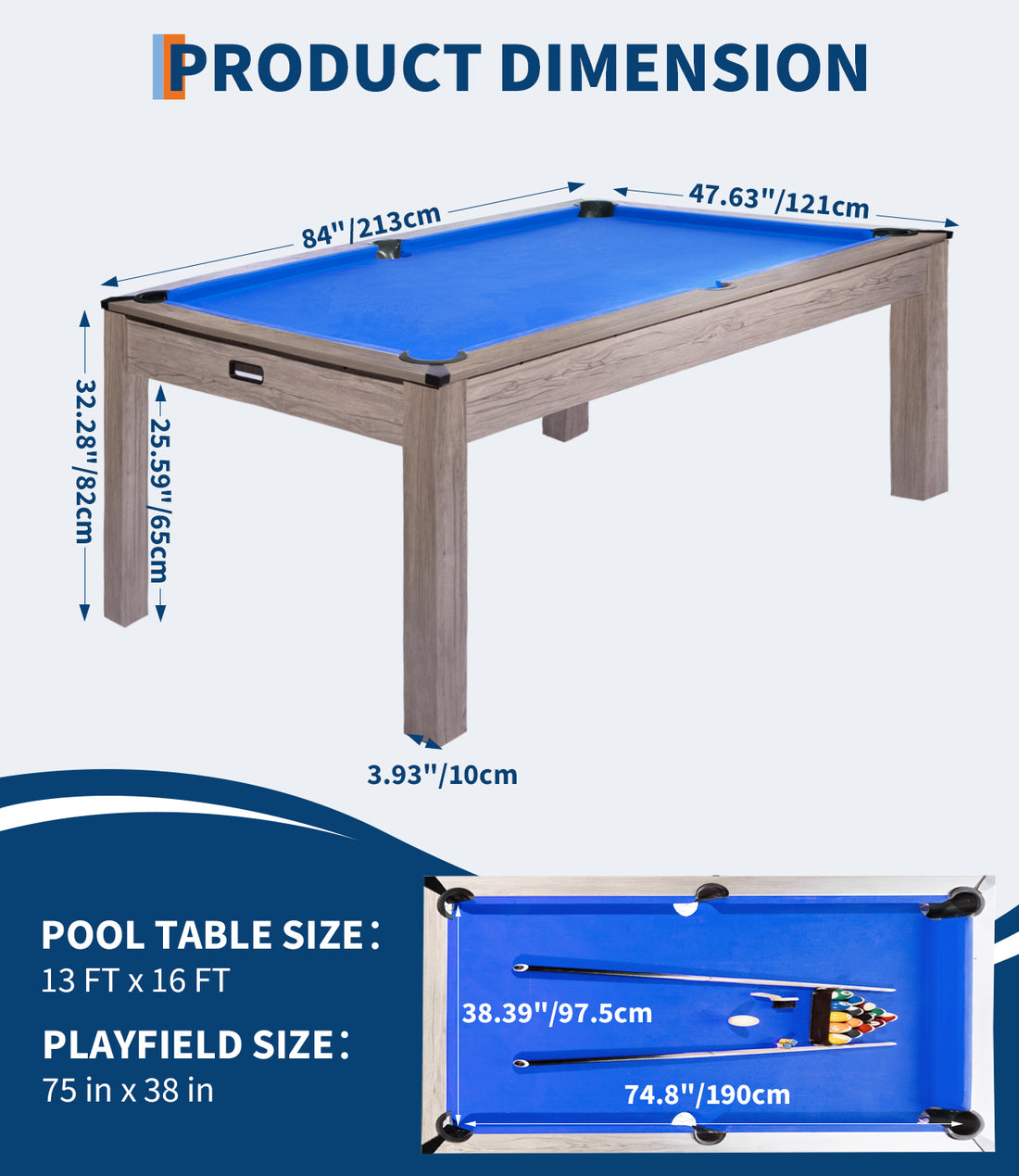 Garvee Professional 7 FT Sports Fan Pool Table – 84" Billiard Table with Rustic Grey Wood, Blue Felt, Ideal for Game Room, Office, Home