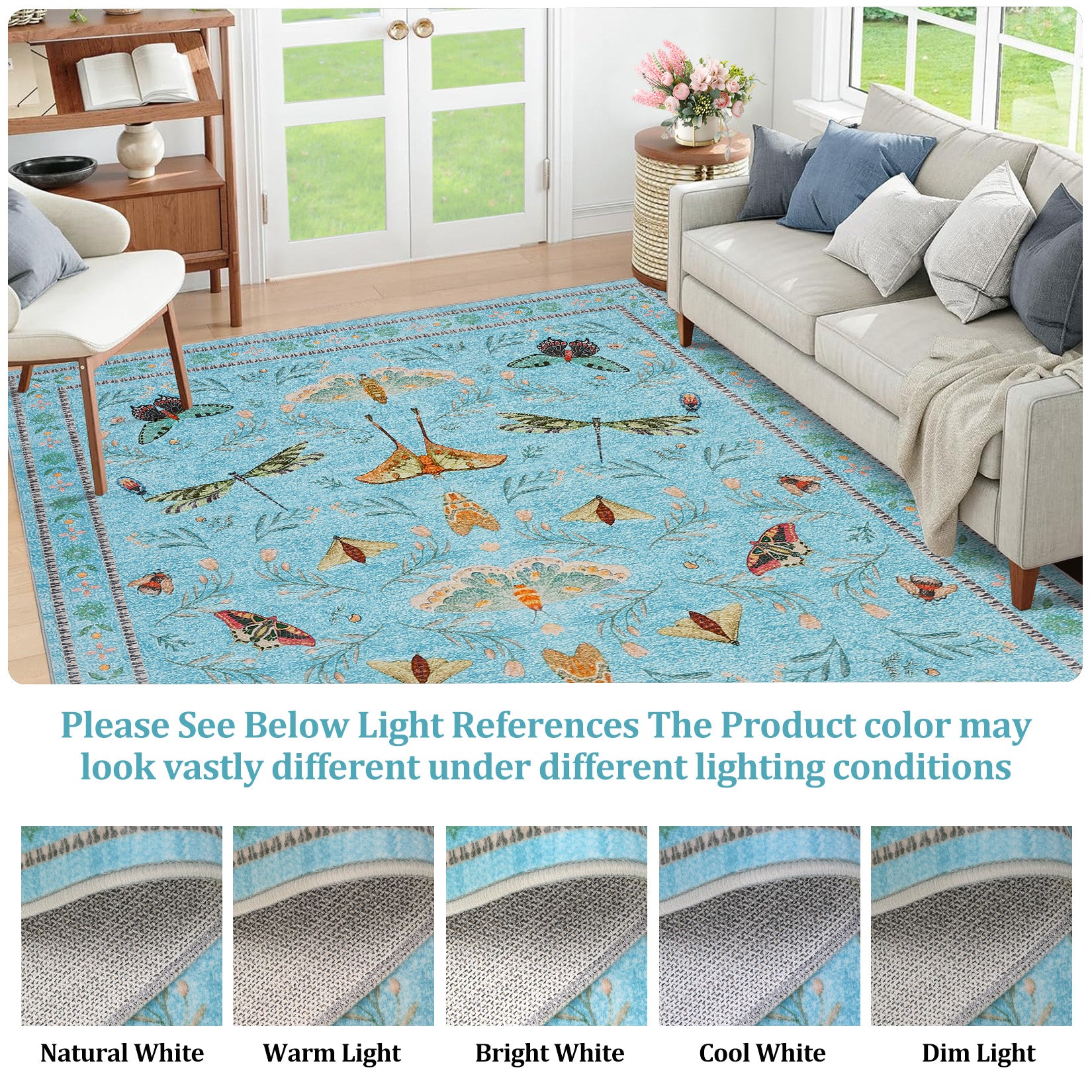 Garvee Blue Butterfly 4x6 Washable Non Slip Low Pile Stain Resistant Ultra Thin Insect Plant Rug for Living Room Nursery