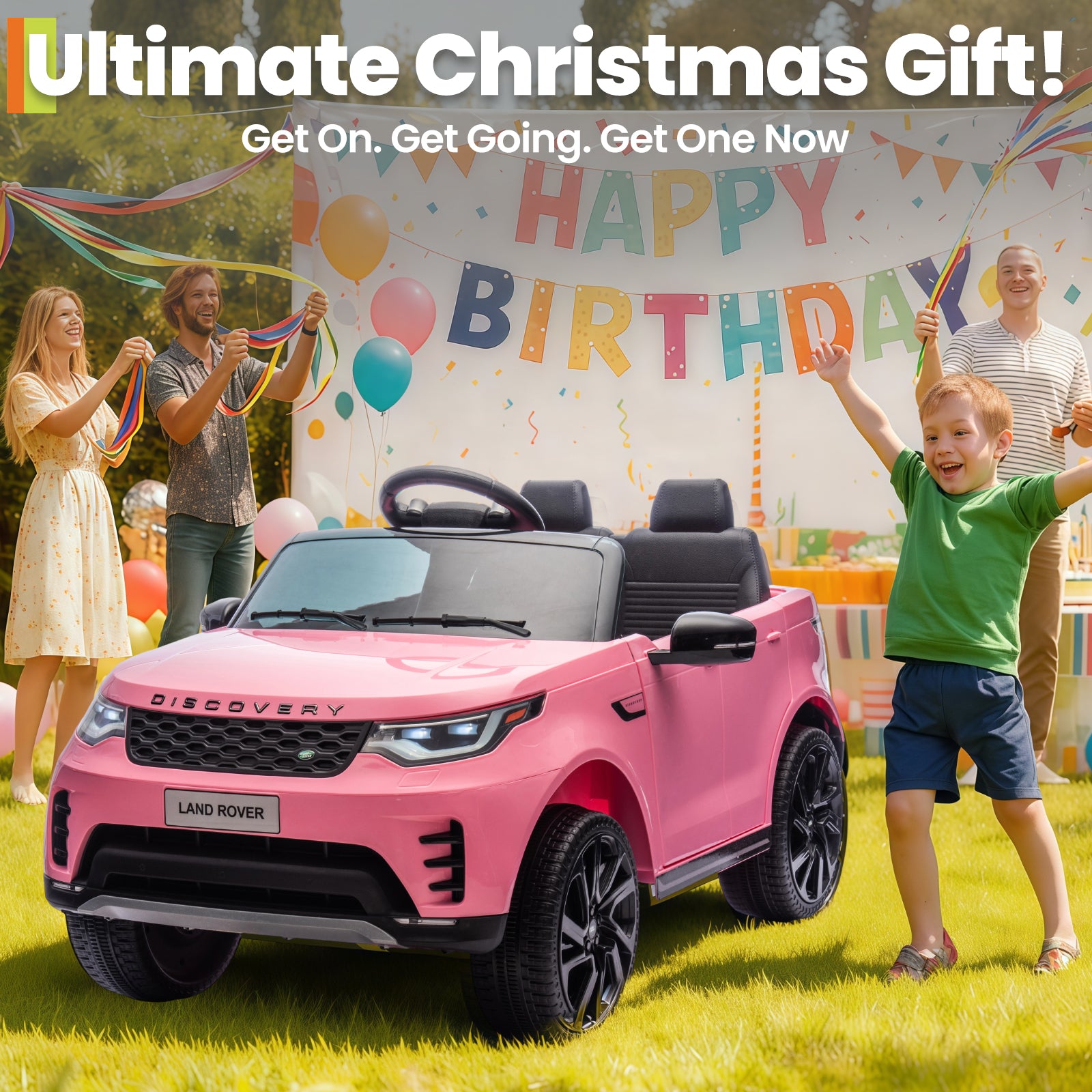 Garvee Ride P Series 12V Kids Ride On Car Land Rover Style Dual Motors 3 Speed Modes 4.5Ah Battery Safety Seatbelt Remote Control Black Outdoor Play - Pink