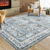 Garvee Boho Blue 5x7 Washable Rug, Oriental Vintage Non Slip Soft Faux Wool Stain Resistant Carpet for Living Room, Bedroom, Officem Soft Faux Wool Stain Resistant Carpet for Office Nursery Dining Room - Blue