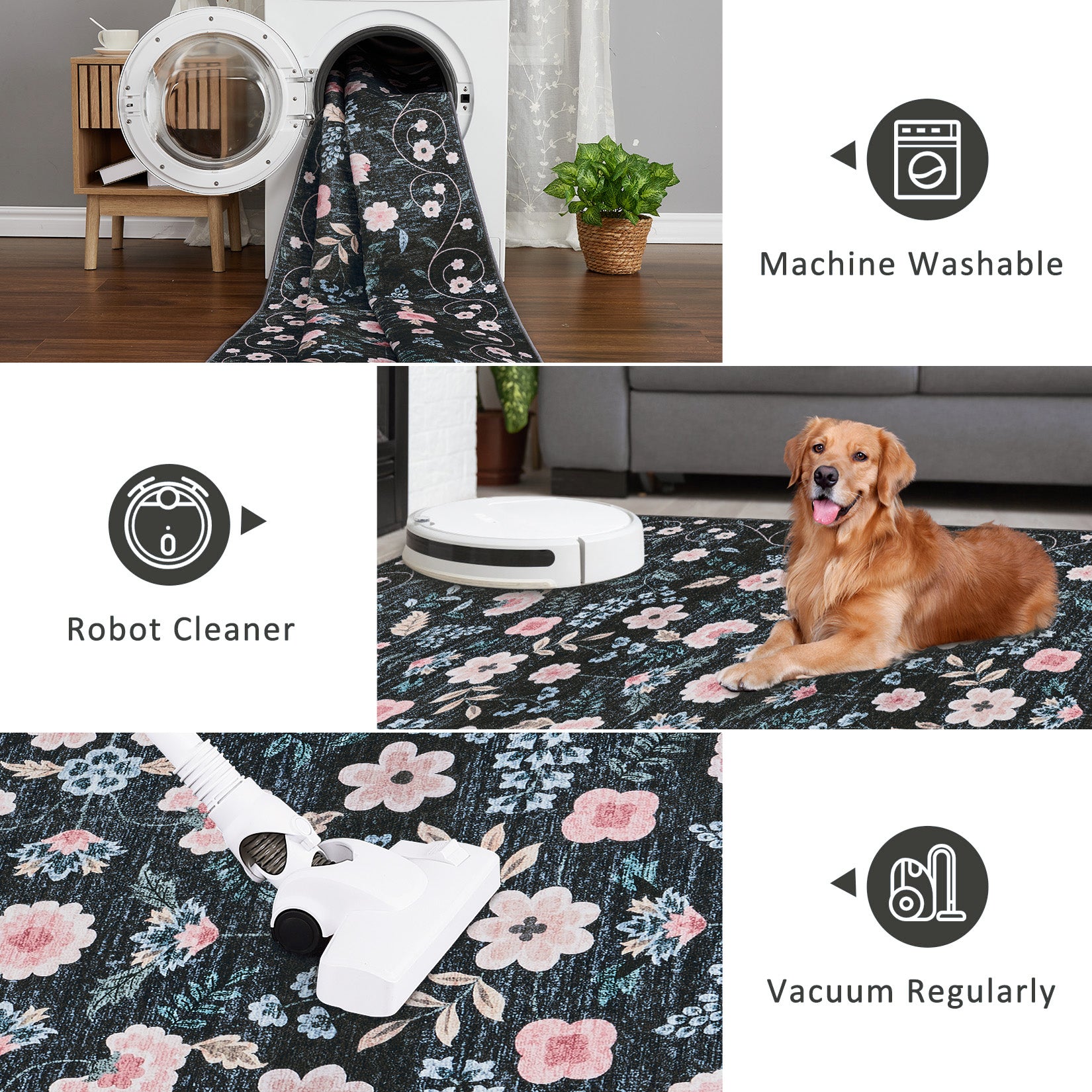 Garvee Area Rugs Washable Floral Rugs for Living Room Non Slip Low Pile Carpet for Office Bedroom Kids Room Bedside