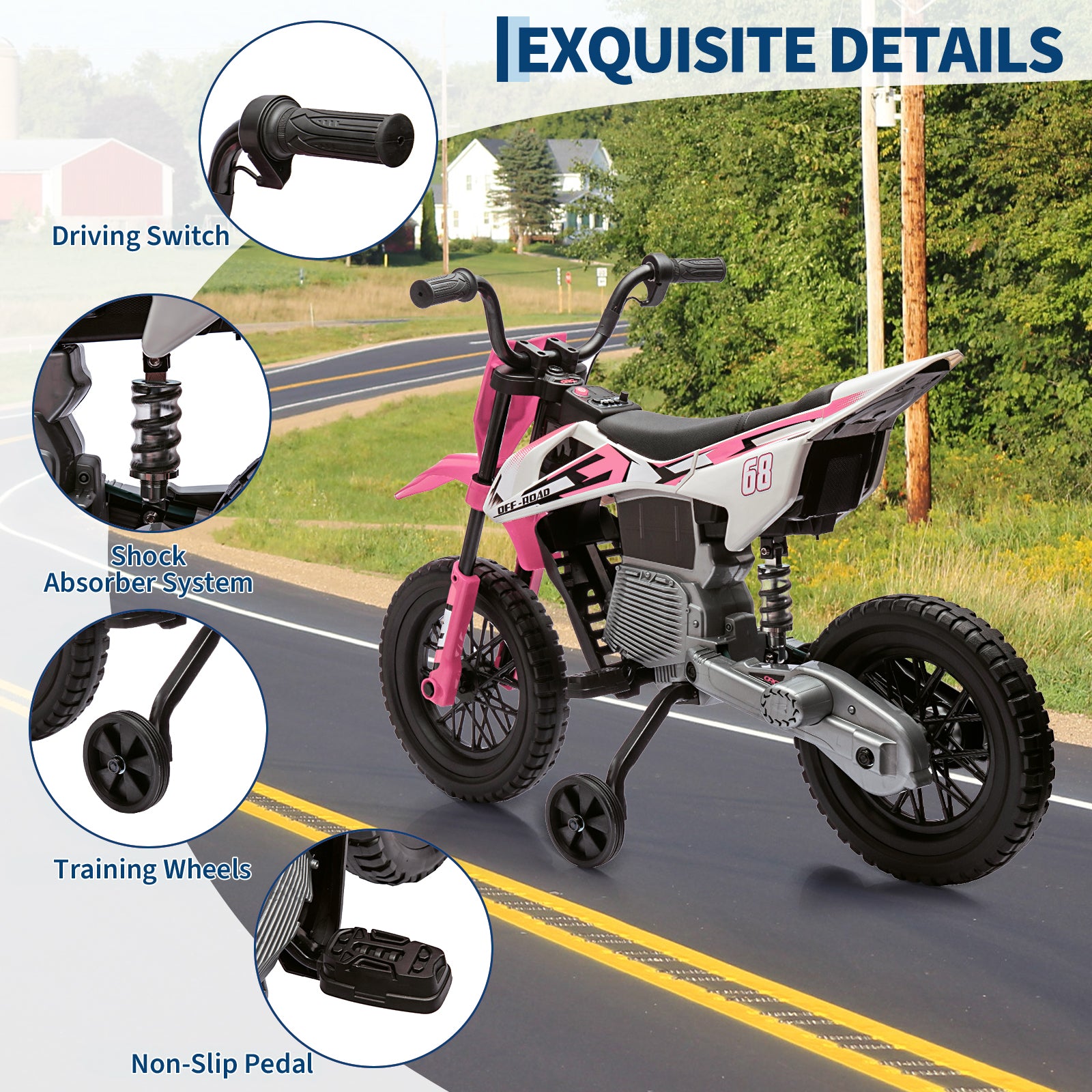 Garvee Ride - P Series: 12V Kids Electric Dirt Bike, 25W*2 Motor, Twist Grip Throttle, Spring Suspension, Training Wheels, Ride-On Toy - Pink