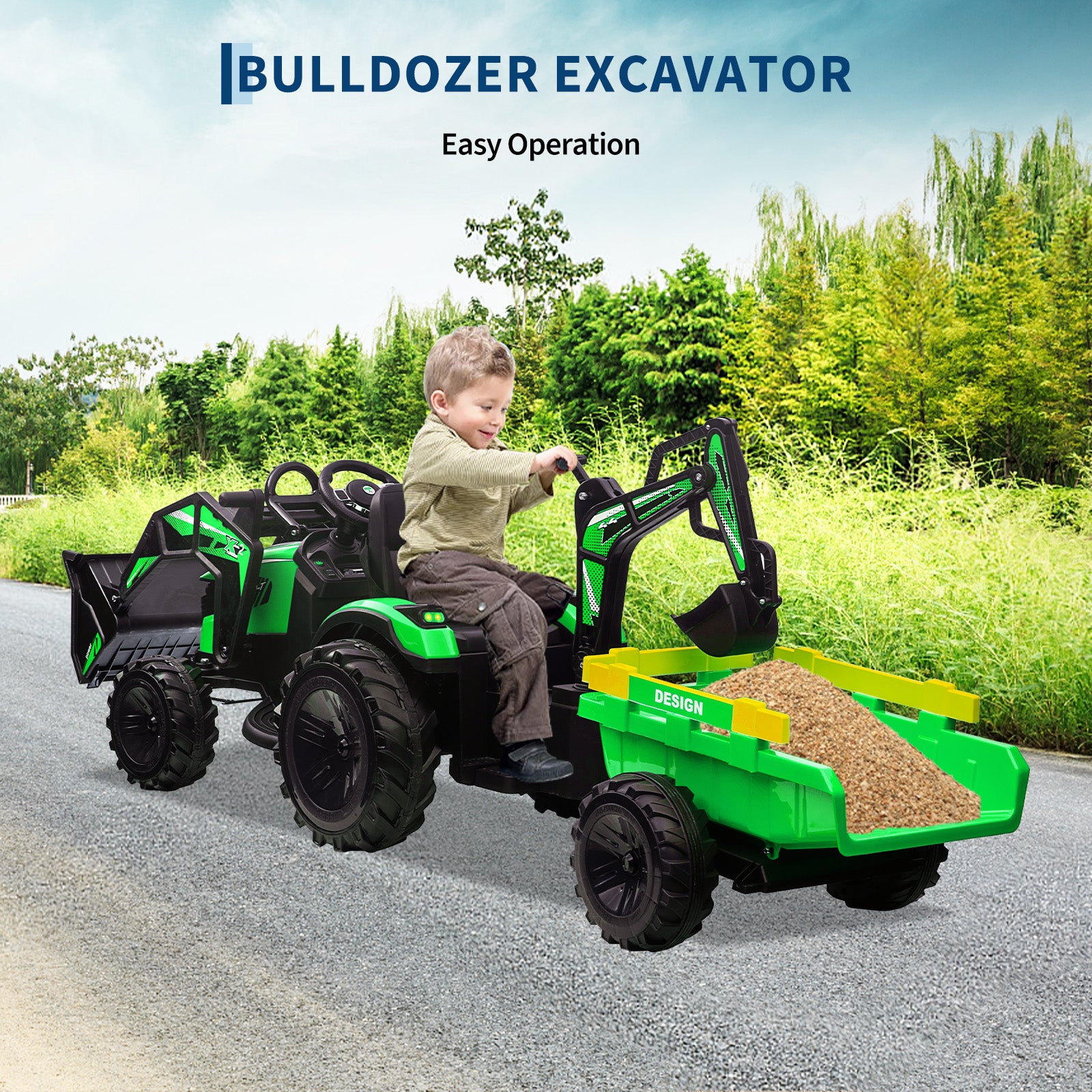 Garvee Ride P Series 3-in-1 Ride-On Tractor, 24V Electric, Excavator & Bulldozer, Remote Control, LED, Music, USB/Bluetooth max 66 lbs - Bright-green