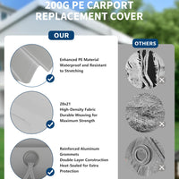 Garvee 10'x20' 200G Heavy-Duty Carport Replacement Cover Waterproof UV Protected for Garage Outdoor Shelter Grey (Frame Not Included)