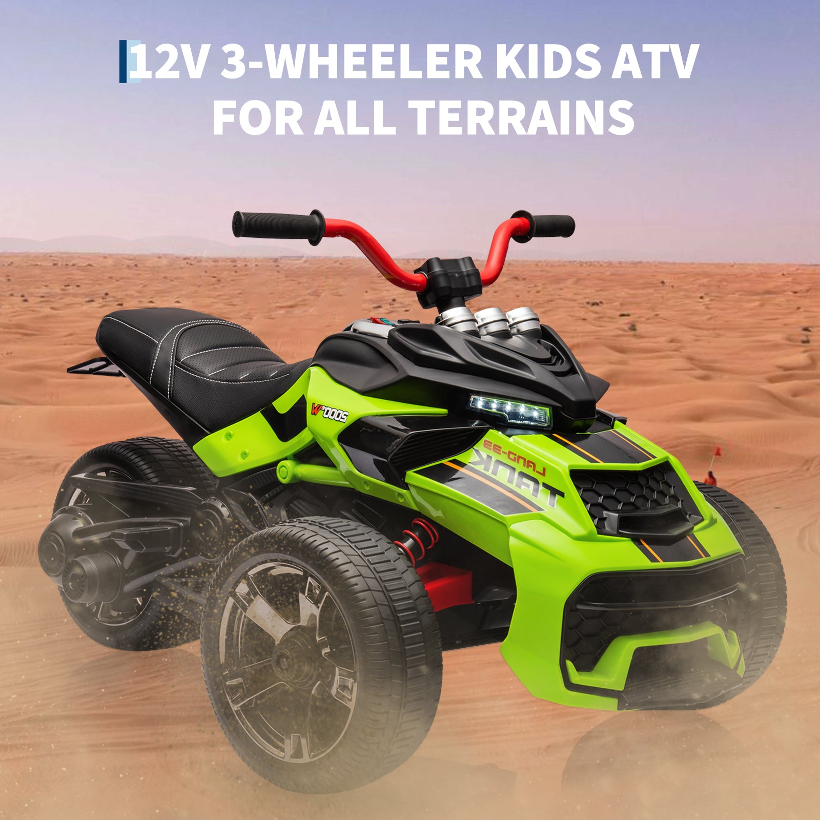 Garvee 12V Kids Ride on Toy for Kids, 2x55W Powerful Engine 7AH Battery, 3 - 7 km/H, 3 Wheelers Electric Vehicle, LED Lights, 2 Speeds, EVA Tire, Music, USB - Green