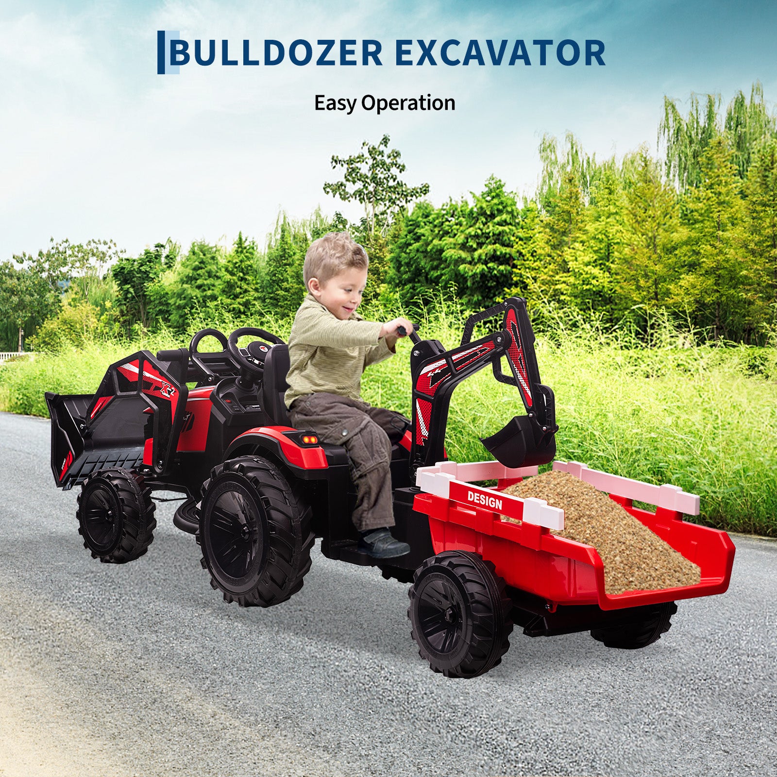 Garvee Ride P Series 3-in-1 Ride-On Tractor, 24V Electric, Excavator & Bulldozer, Remote Control, LED, Music, USB/Bluetooth max 66 lbs - Bright-red