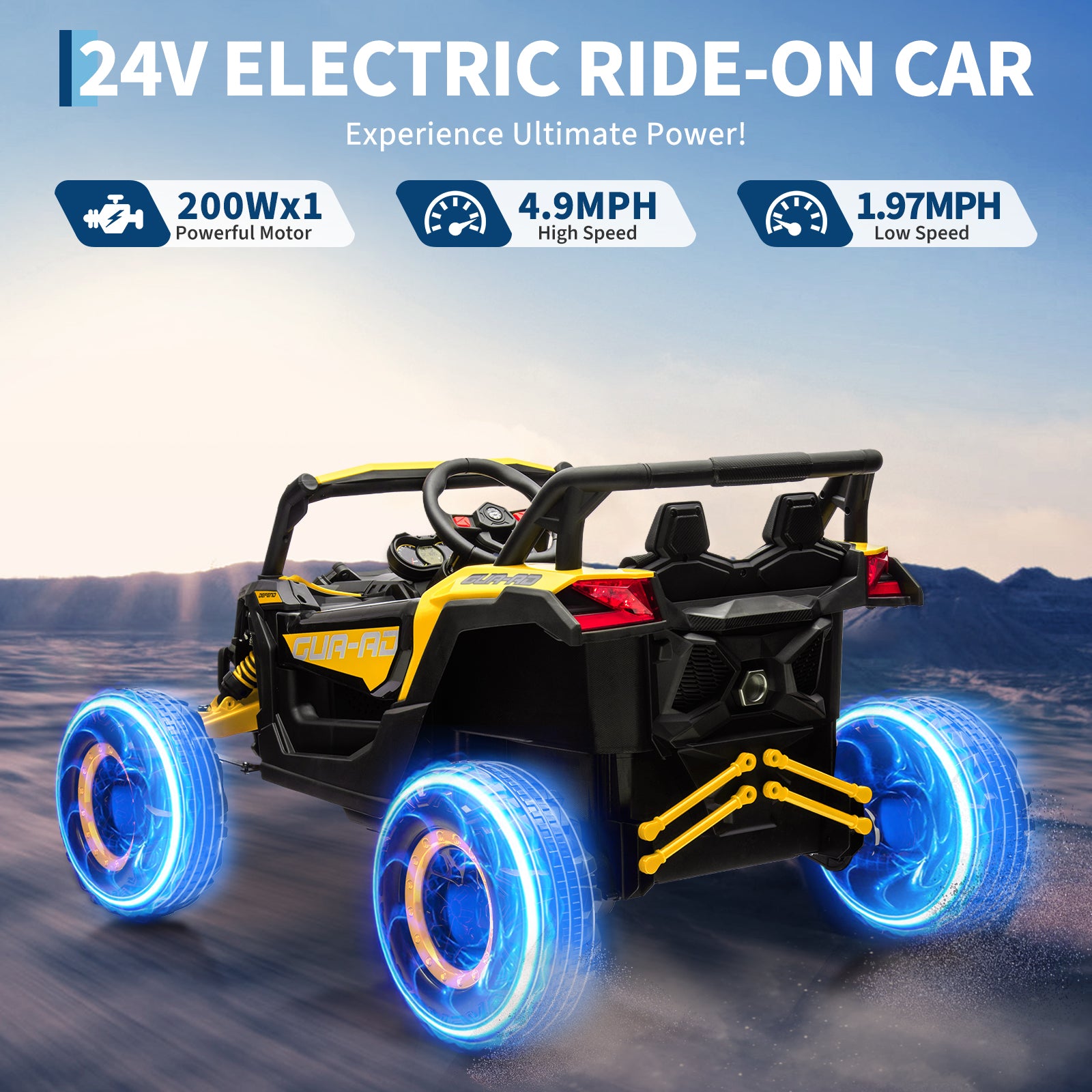 Garvee Ride - P Series: 24V Ride-On UTV: Remote Control, 200W Motor, Spring Suspension, Music, LED Lights, for Boys & Girls - Yellow
