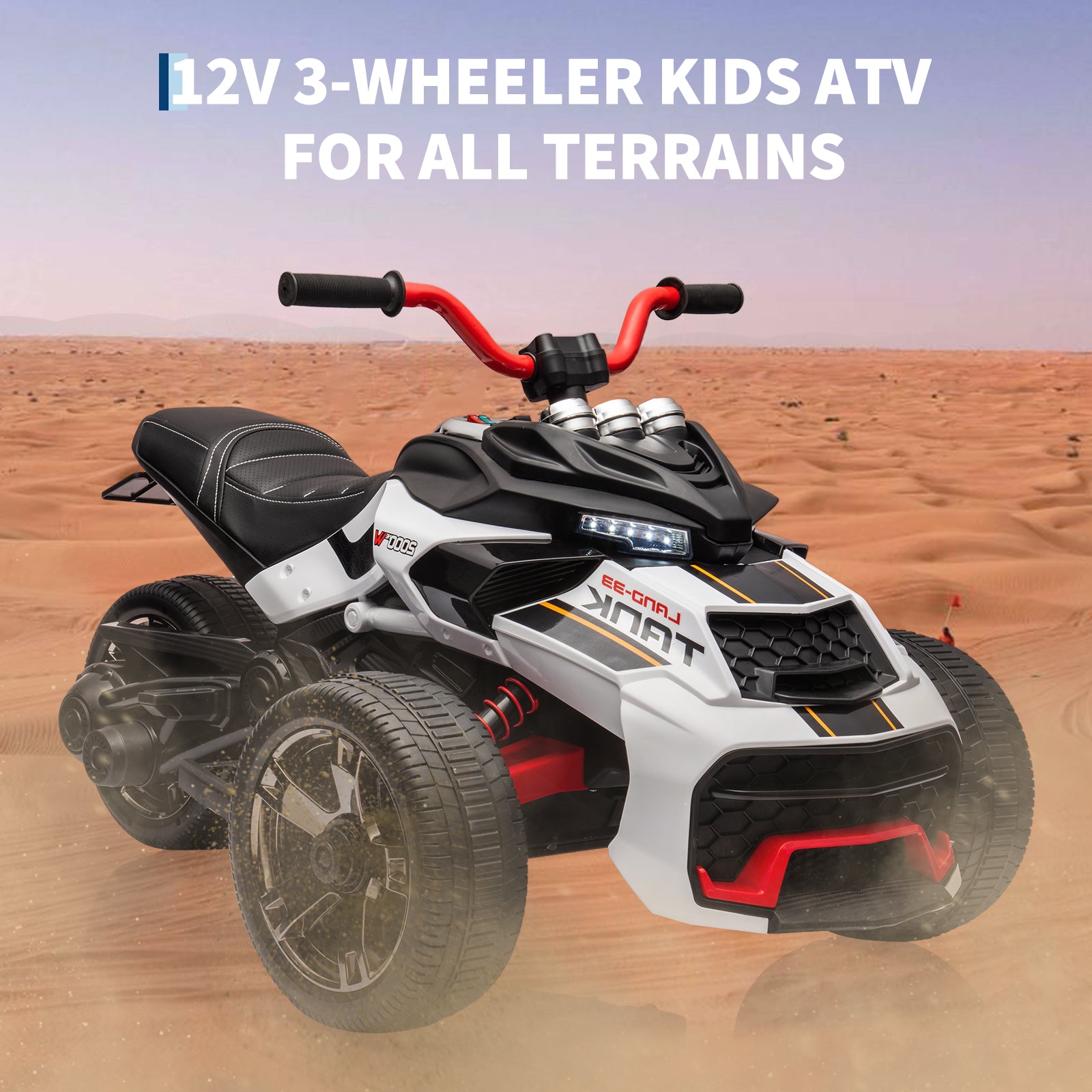 Garvee 12V Kids Ride on Toy for Kids, 2x55W Powerful Engine 7AH Battery, 3 - 7 km/H, 3 Wheelers Electric Vehicle, LED Lights, 2 Speeds, EVA Tire, Music, USB - White