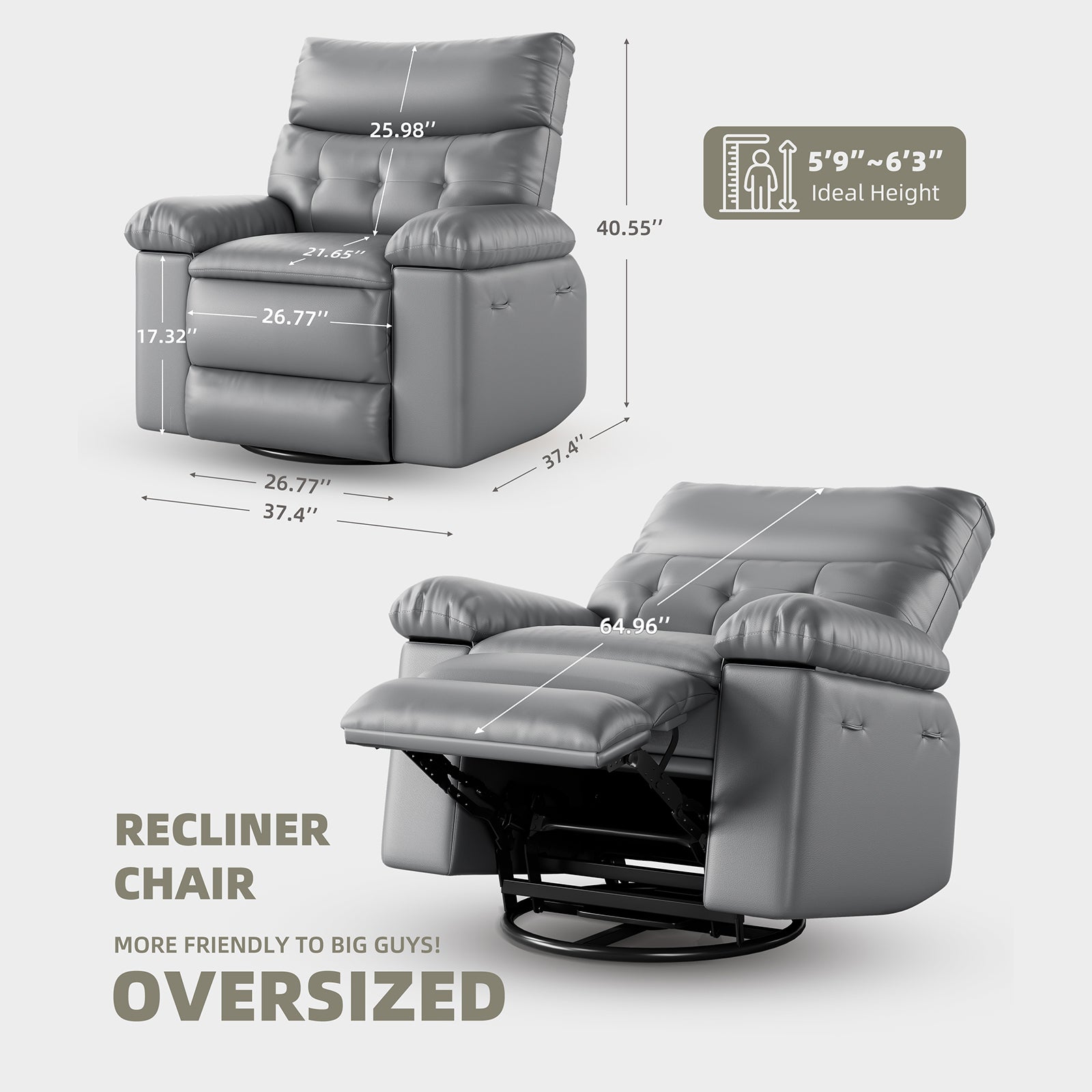 Garvee Power Recliner Chair, Rocking Recliner for Adults, Swivel Recliner with Massage, Upholstered Fabric Glider Recliner Nursery Chair, Single Sofa Seat with Side Pockets for Living Room, Grey
