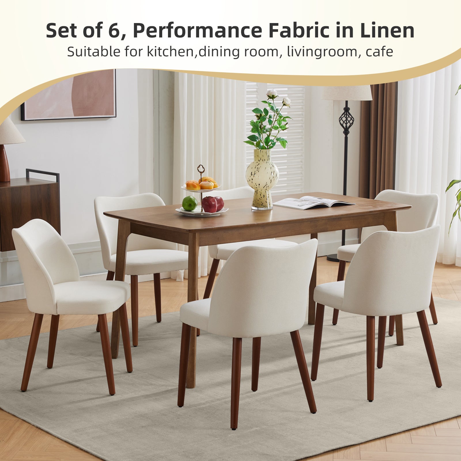 Garvee Set of 2 Mid Century Modern Linen Dining Chairs with Wood Legs for Dining Room, White