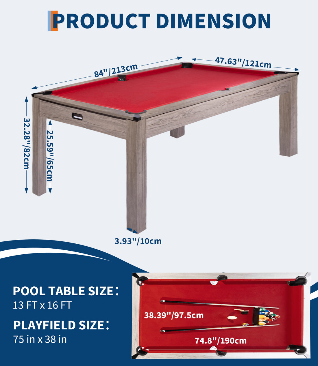 Garvee Classic 7 FT Sports Fan Pool Table – 84" Billiard Game Table with Rustic Grey Wood, Red Felt, For Home, Office, Game Room