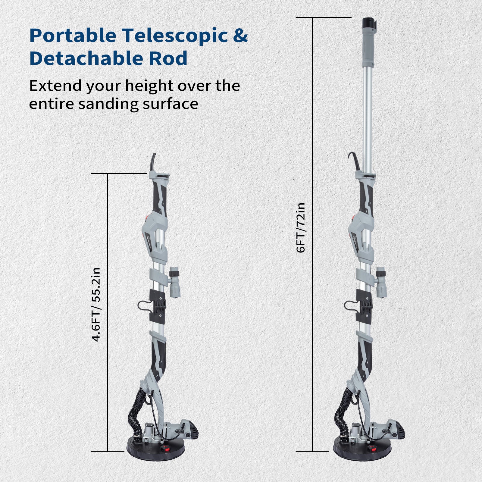 Garvee Drywall Sander, 710W Electric Sander Tool with Variable Speed 800-1700RPM, 6.6ft Dust Hose with LED Light, Extendable & Foldable Handle, 6 Pcs Sanding Discs, Carrying Bag