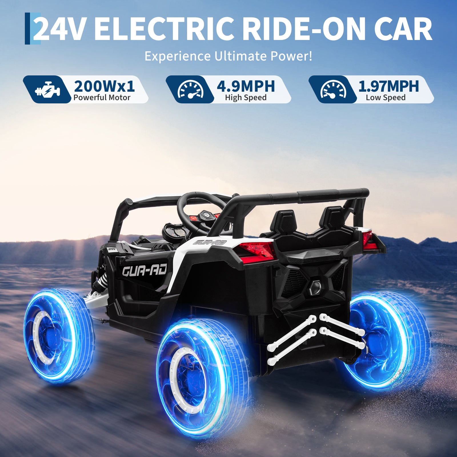 Garvee Ride - P Series: 24V Ride-On UTV, 200W Motor, Remote Control, Spring Suspension, Music, LED Lights, Electric Car for Boys Girls, Outdoor Adventure Toy White