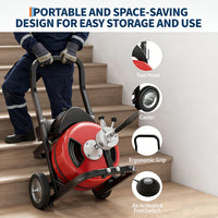 Garvee Drain Cleaner Machine 100FT x 3/8 Inch Steel Core Cable Portable 370W Electric Drain Cleaning Machine With Sewer Auger Cutter Air-Activated Foot Switch Wheels For Commercial Home