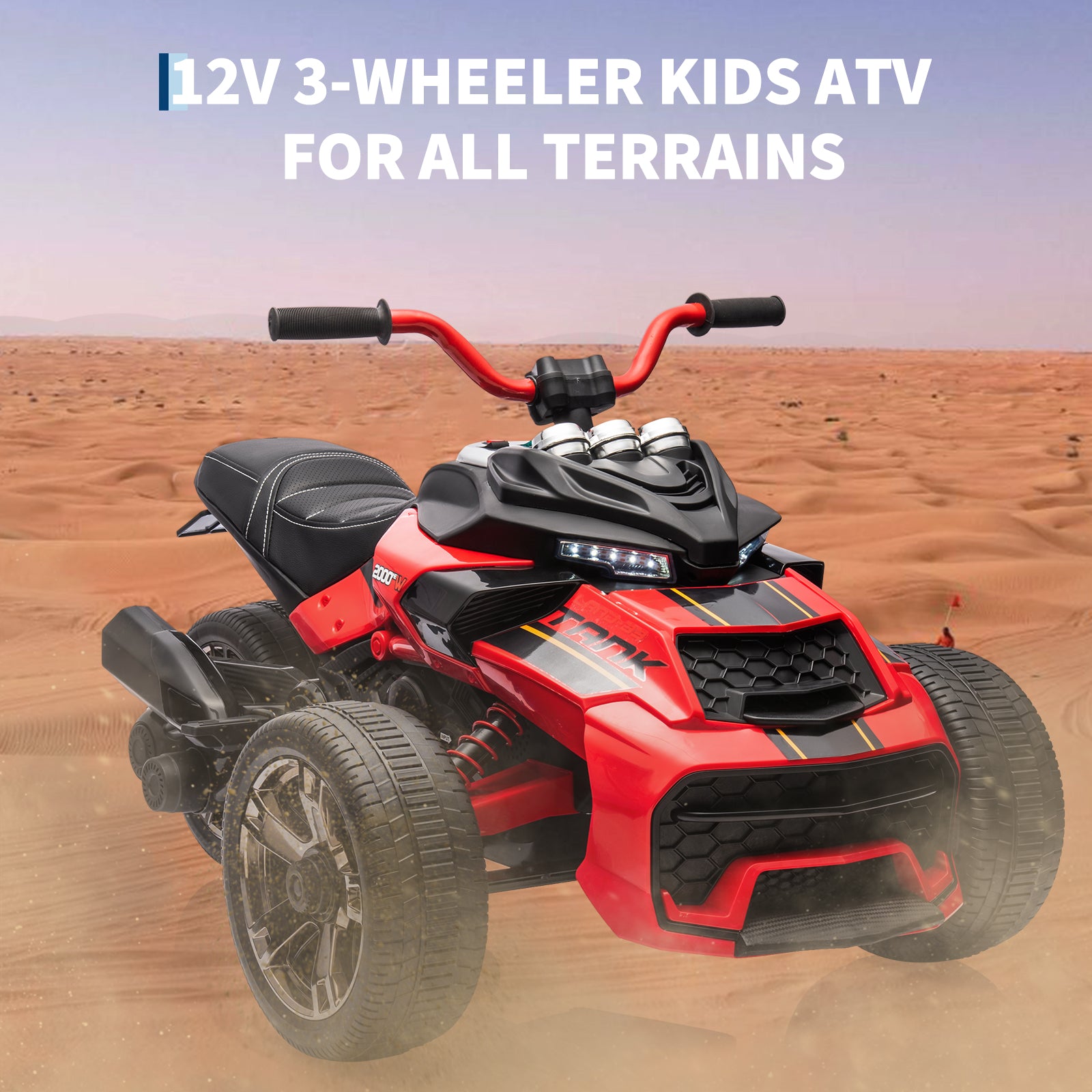 Garvee 12V Kids Ride on Toy for Kids, 2x55W Powerful Engine 7AH Battery, 3 - 7 km/H, 3 Wheelers Electric Vehicle, LED Lights, 2 Speeds, EVA Tire, Music, USB - Red