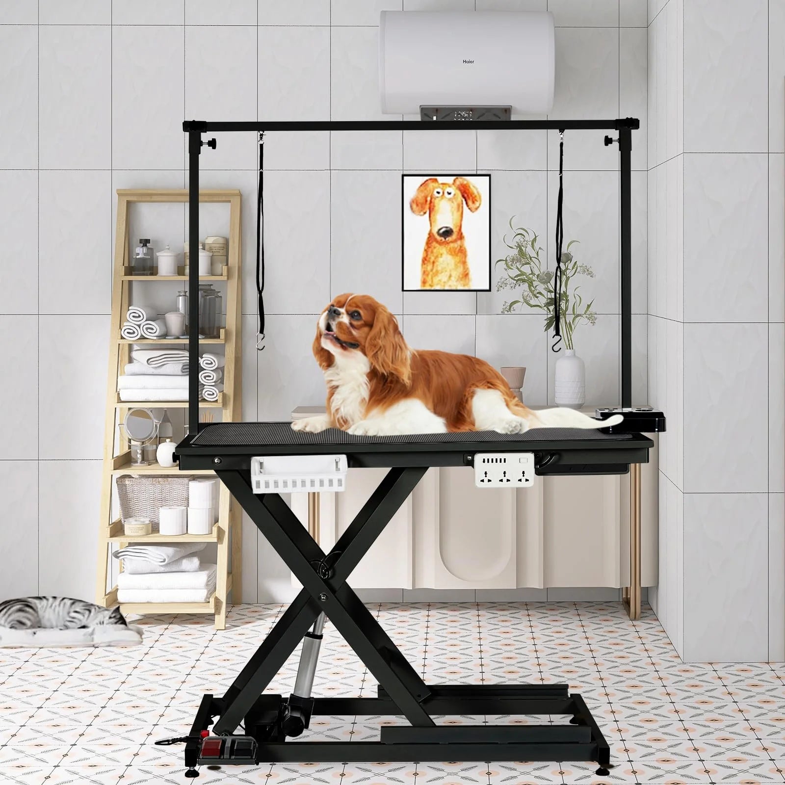 Garvee 50 Inch Electric Dog Grooming Table, Adjustable Heavy Duty X Lift Grooming Table for Large Dogs with Anti-Skid Tabletop,Wireless Remote,Tool Organizer and Arms, Black