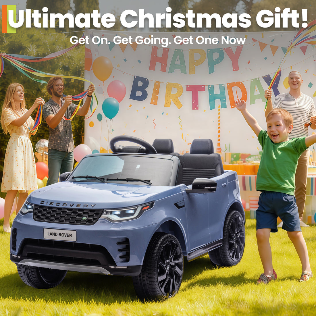 Garvee Ride P Series 12V Kids Ride On Car Land Rover Style Dual Motors 3 Speed Modes 4.5Ah Battery Safety Seatbelt Remote Control Black Outdoor Play - Light Blue