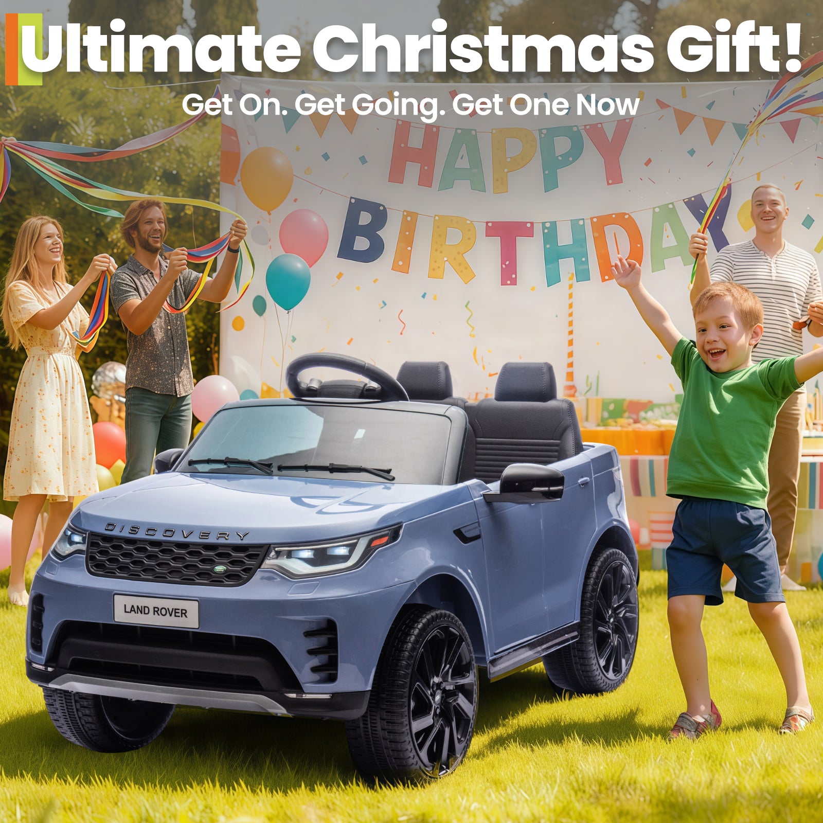 Garvee Ride P Series 12V Kids Ride On Car Land Rover Style Dual Motors 3 Speed Modes 4.5Ah Battery Safety Seatbelt Remote Control Black Outdoor Play - Light Blue