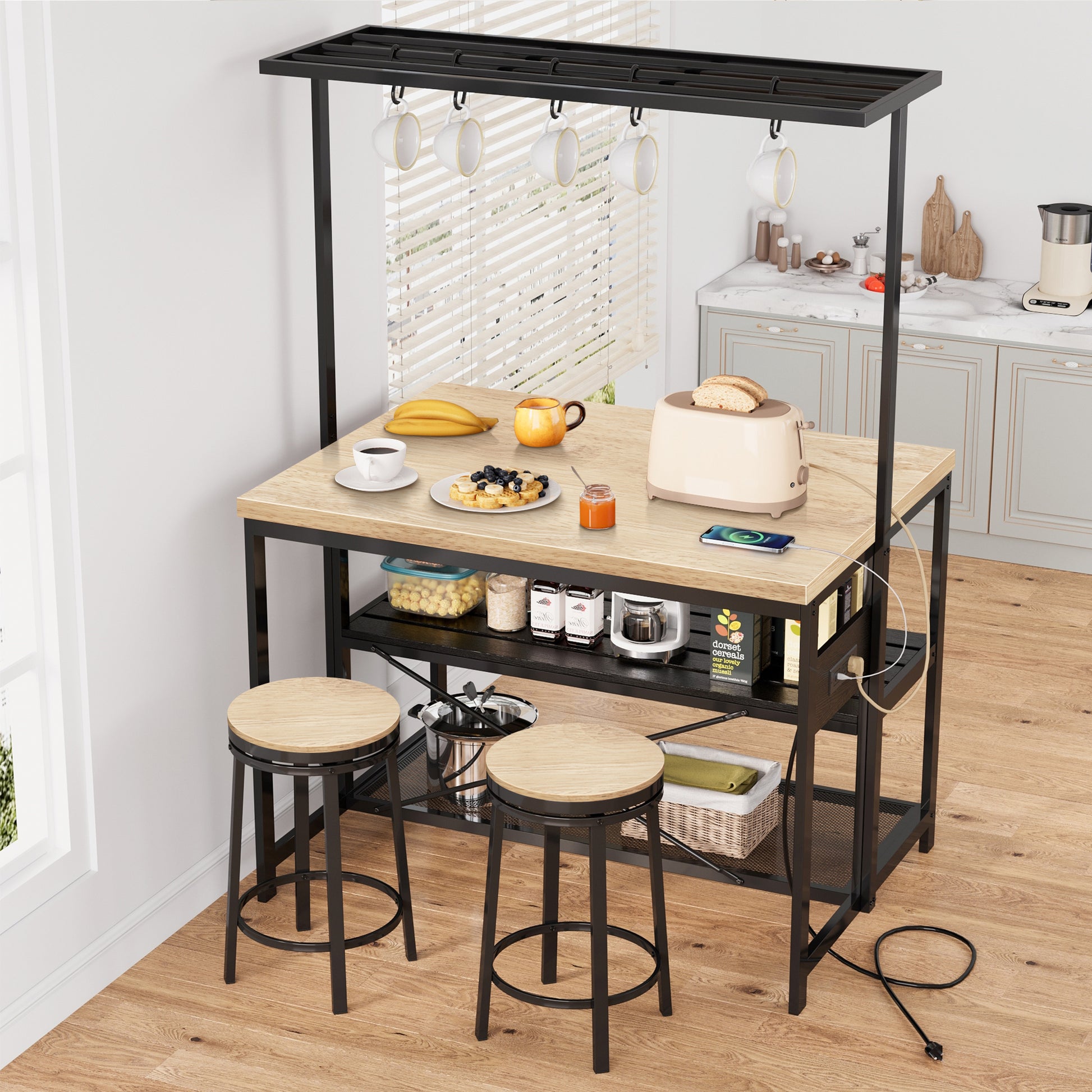 Garvee Kitchen Island with Storage, Bakers Rack with Power Outlet, Island Table for Kitchen,3 Tier Microwave Stand Oven Shelf,Large Coffee Bar Table, Storage Shelf for Kitchen Dining Room Living Room,5 Hooks