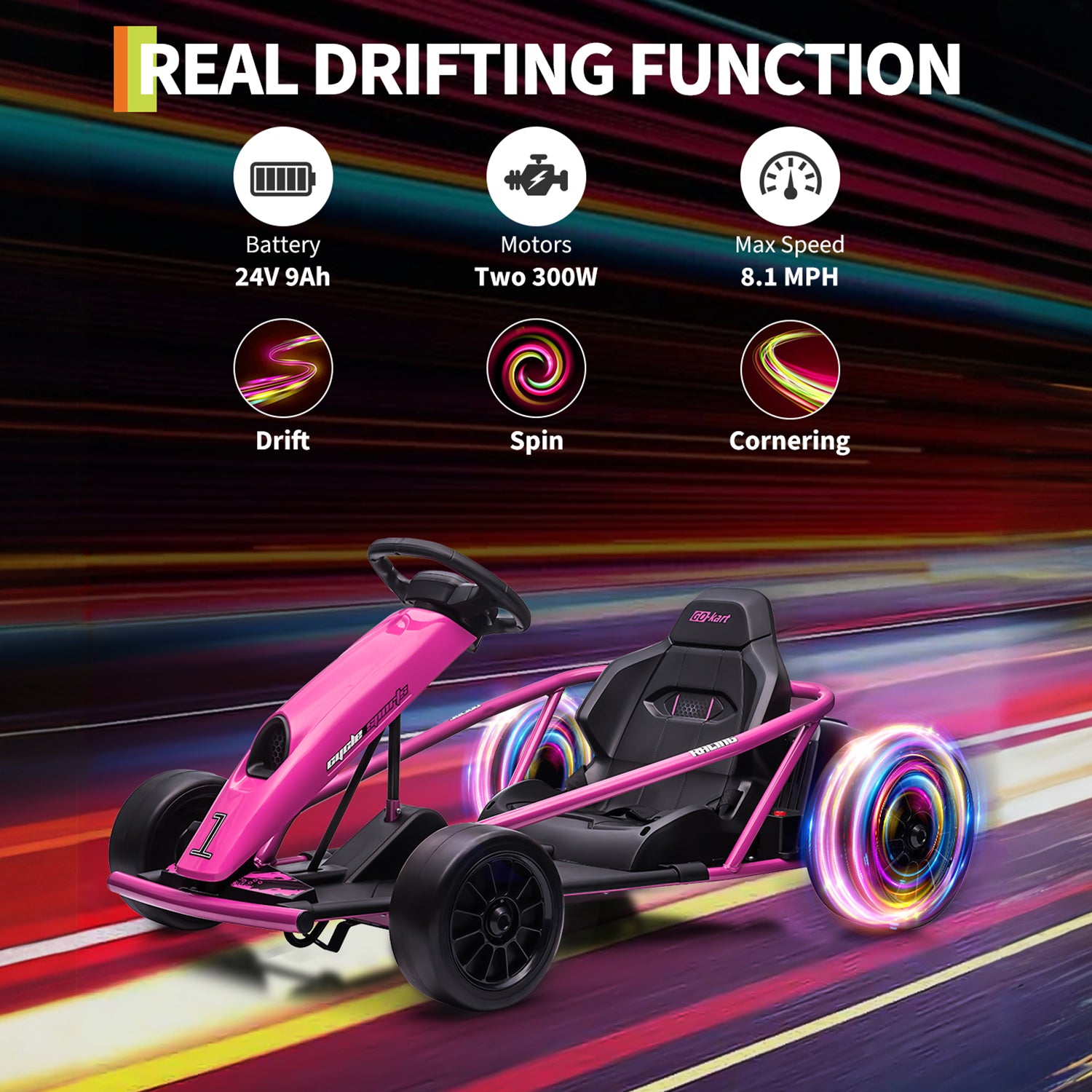 Garvee Ride G Series 24V Go Kart for Kids 8-12, 300W*2 Motors, 9Ah Battery, 8MPH Speed, Music, Horn, 175lbs Max Load - Pink
