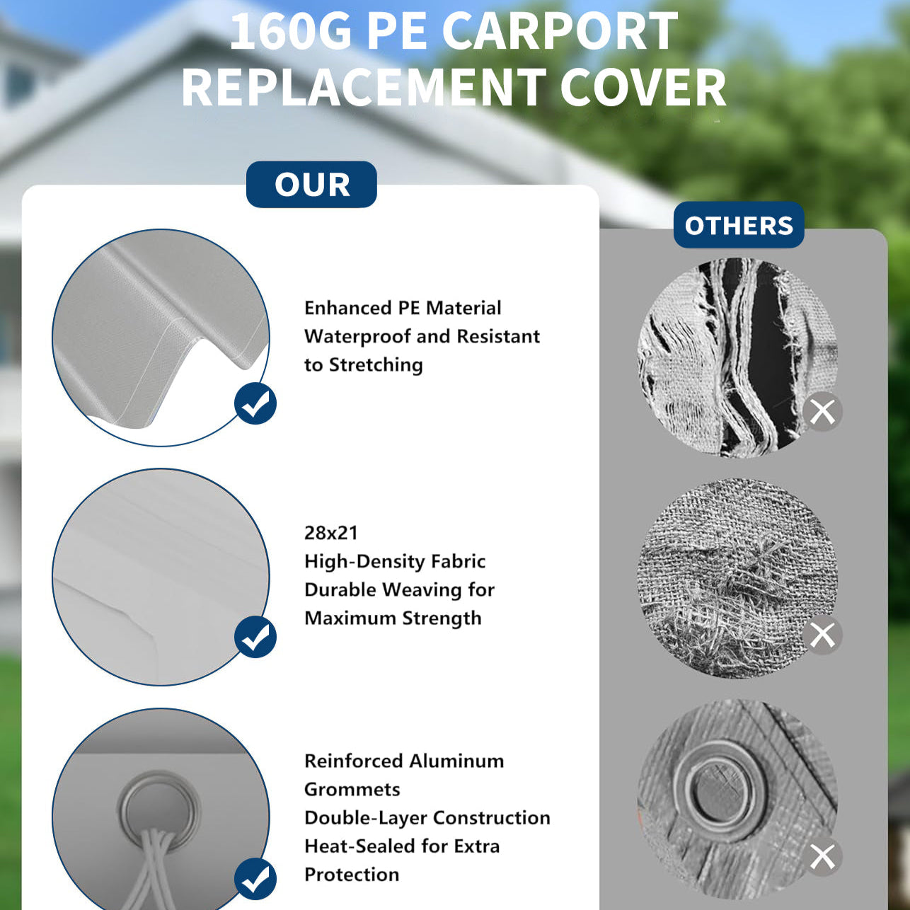 Garvee 10'x20' 160G Heavy-Duty Carport Replacement Cover Waterproof UV Protected for Garage Tent Shelter Outdoor Grey (Frame Not Included)