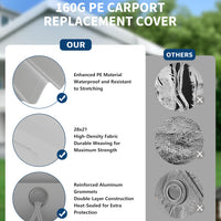 Garvee 10'x20' 160G Heavy-Duty Carport Replacement Cover Waterproof UV Protected for Garage Tent Shelter Outdoor Grey (Frame Not Included)
