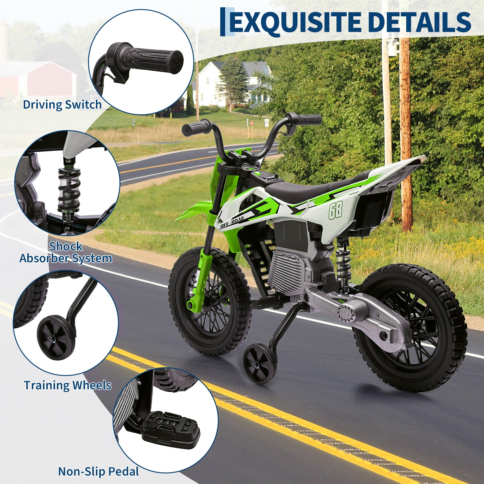 Garvee Ride - P Series: 12V Kids Electric Dirt Bike, 25W*2 Motor, Twist Grip Throttle, Spring Suspension, Training Wheels, Ride-On Toy - Green
