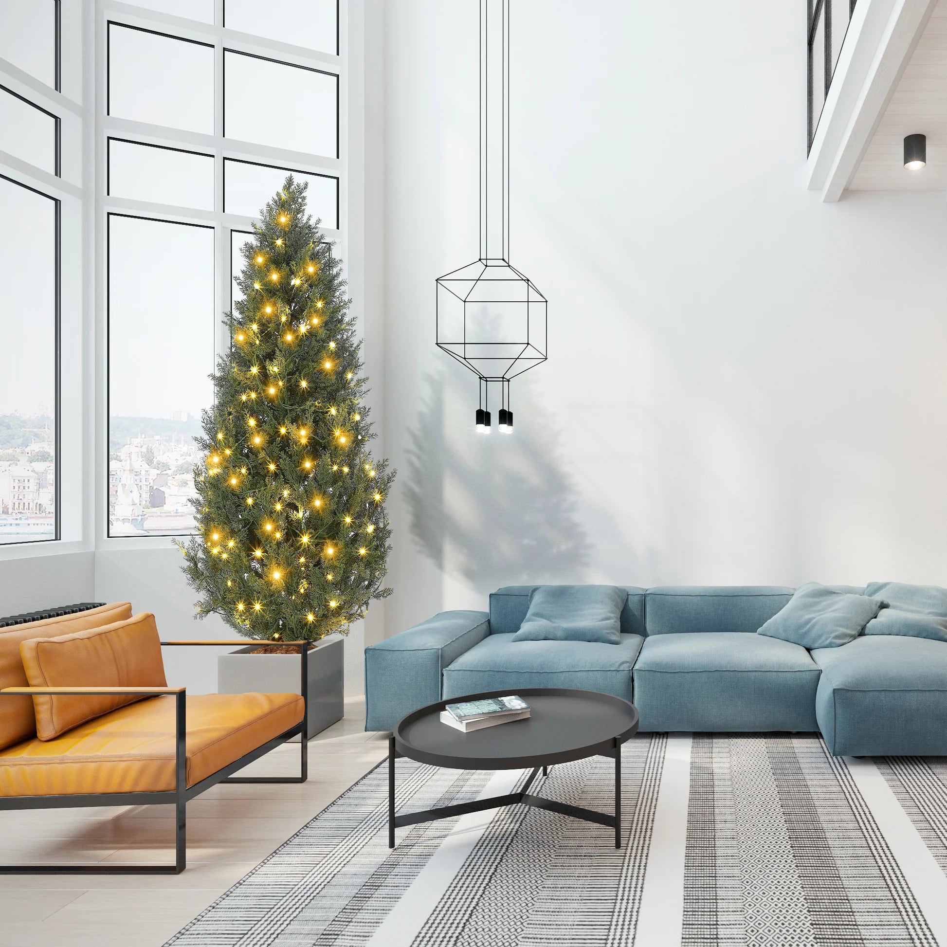 Garvee 5ft Artificial Topiary Cedar Trees with 100 Light / 8 Light Modes, 2 PCS Artificial Plants Outdoor with Realistic Moss & Pot, UV Rated Fake Plants for Front Porch Decor, Living Room