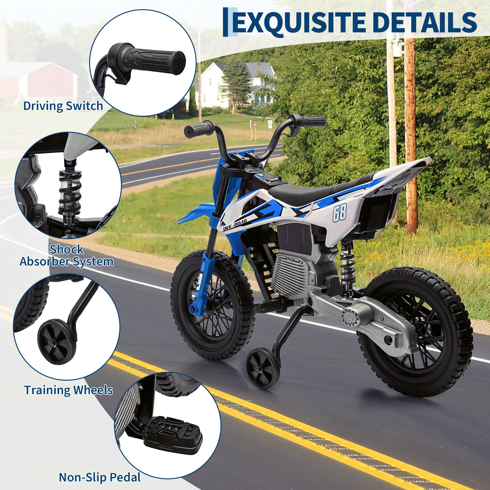 Garvee Ride - P Series: 12V Kids Electric Dirt Bike, 25W*2 Motor, Twist Grip Throttle, Spring Suspension, Training Wheels, Ride-On Toy - Blue