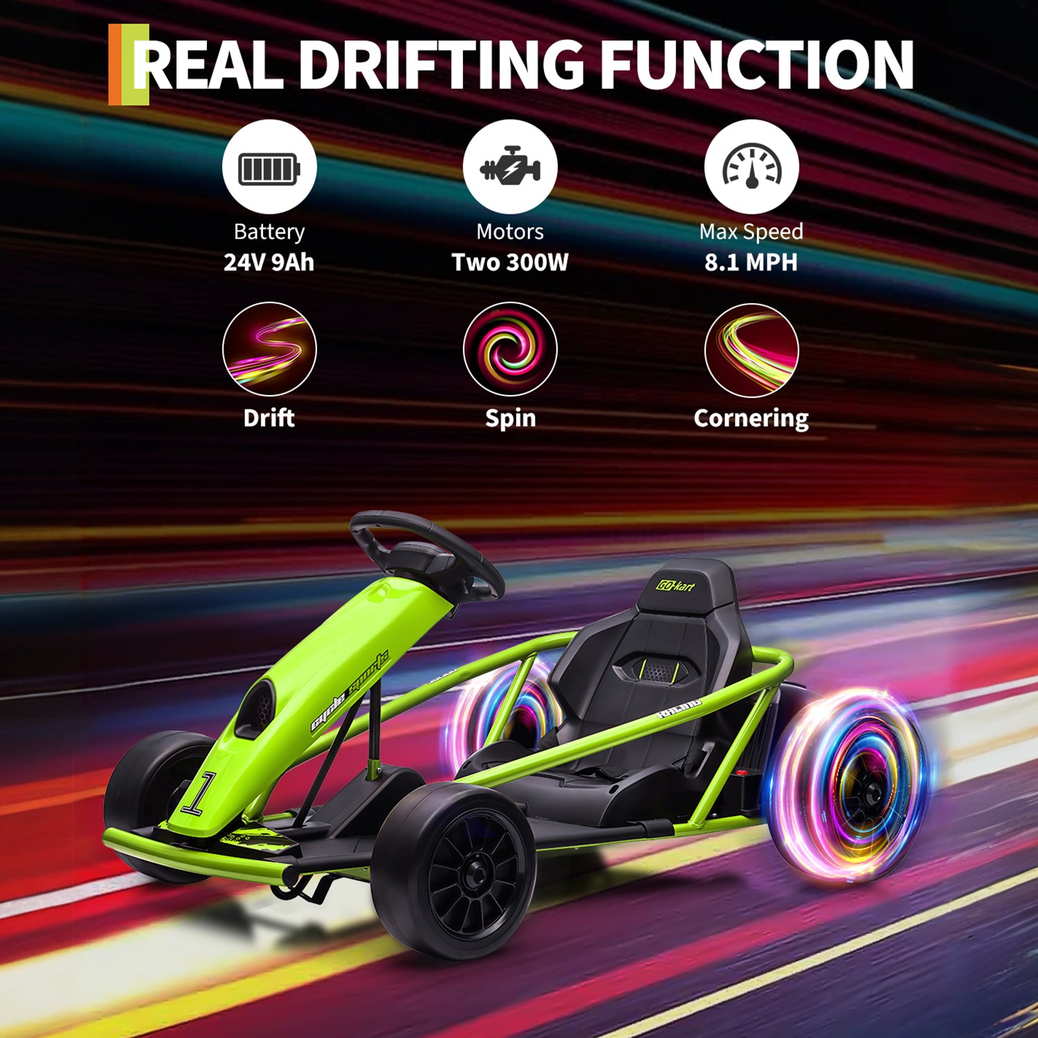 Garvee Ride G Series 24V Go Kart for Kids 8-12, 300W*2 Motors, 9Ah Battery, 8MPH Speed, Music, Horn, 175lbs Max Load - Green