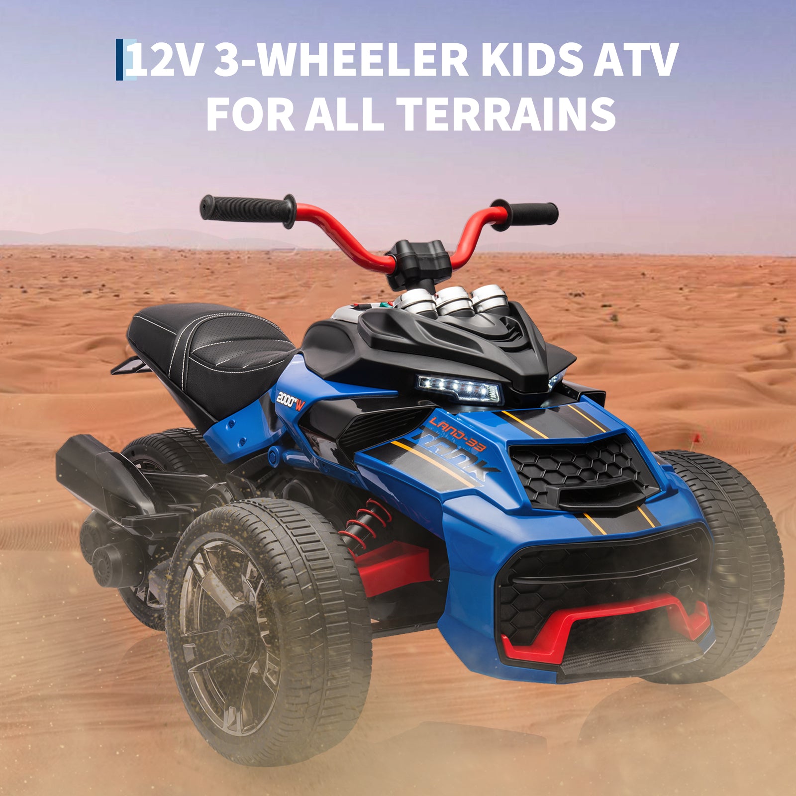 Garvee 12V Kids Ride on Toy for Kids, 2x55W Powerful Engine 7AH Battery, 3 - 7 km/H, 3 Wheelers Electric Vehicle, LED Lights, 2 Speeds, EVA Tire, Music, USB - Blue
