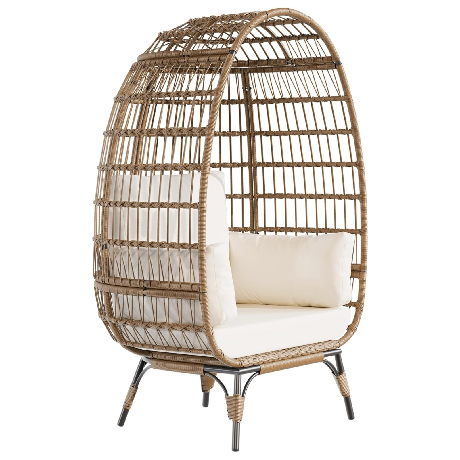 Garvee Wicker Egg Chair, Egg Basket Lounge Chair with Thick Cushion, Egg Shaped Seat with Metal Stand for Indoor Outdoor Patio Porch Backyard, Off-white
