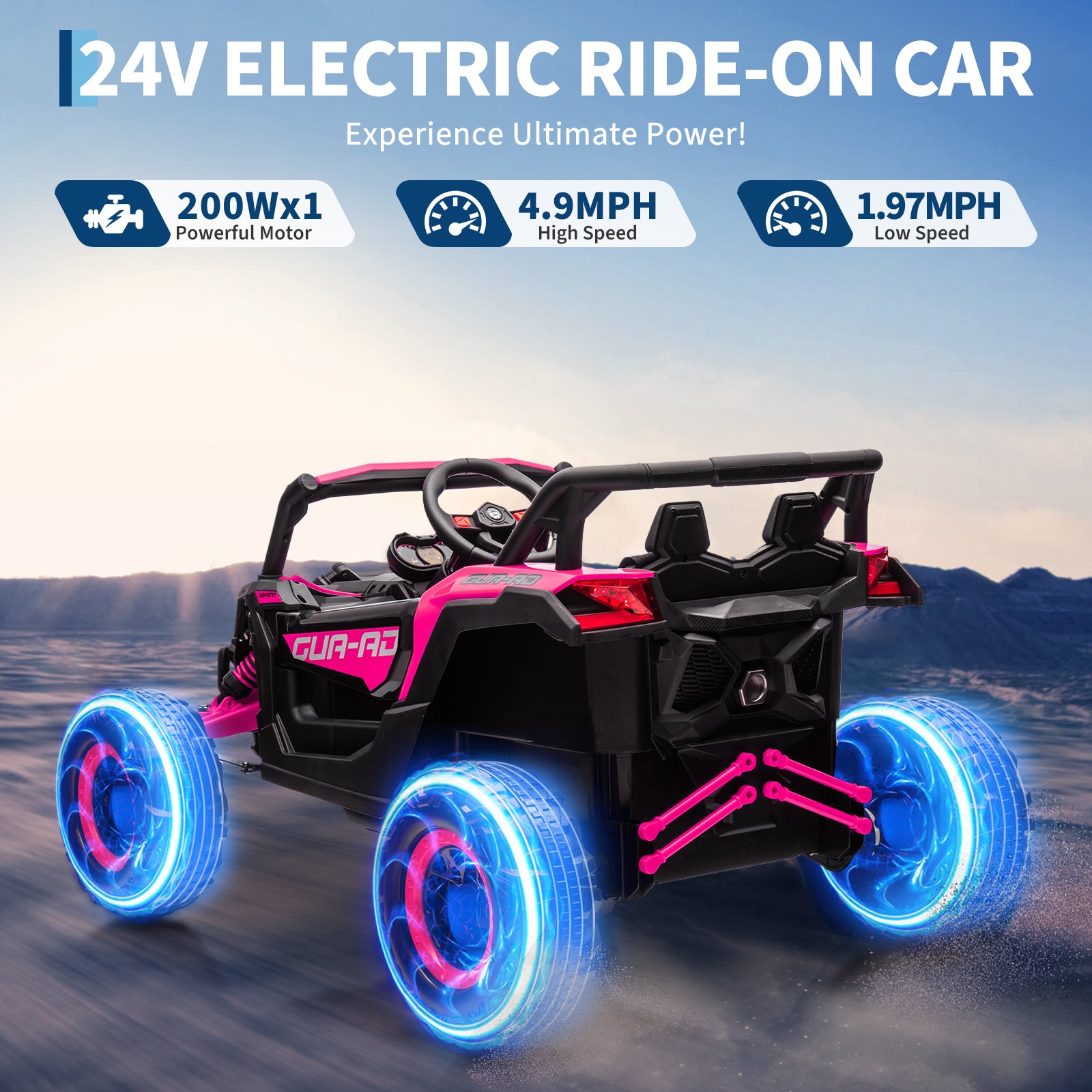 Garvee Ride - P Series: 24V Ride-On UTV: Remote Control, 200W Motor, Spring Suspension, Music, LED Lights, for Boys & Girls - Rose