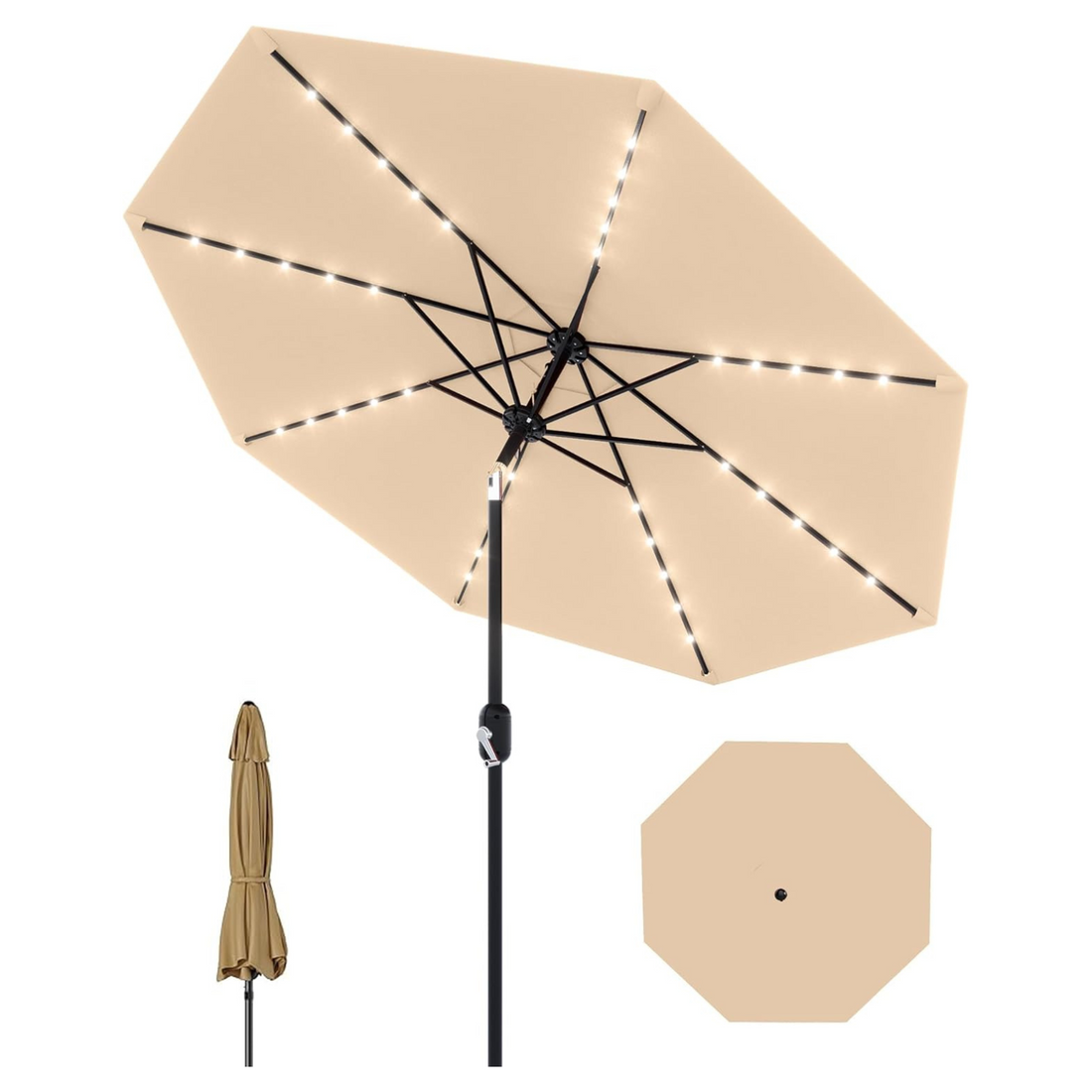 Garvee 10' Solar Patio Umbrella with 40 LED Lights, Outdoor Market Umbrella with Auto-Tilt Crank & Weather-Resistant Canopy, Tan