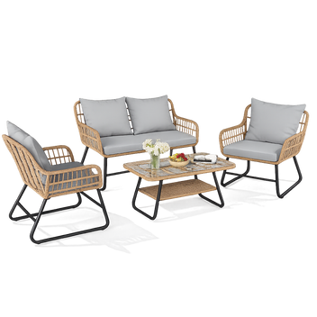 Garvee 4-Piece Outdoor Wicker Sofa Set, PE Rattan Patio Conversation Set with Loveseat, 2 Chairs, Cushions & Glass Table,Bent-leg, Gray