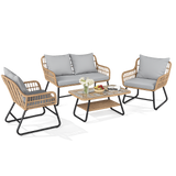 Garvee 4-Piece Outdoor Wicker Sofa Set, PE Rattan Patio Conversation Set with Loveseat, 2 Chairs, Cushions & Glass Table,Bent-leg, Gray - Bent-leg Gray