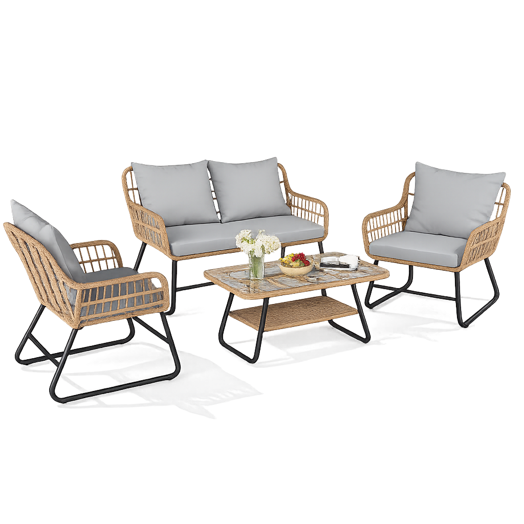 Garvee 4-Piece Outdoor Wicker Sofa Set, PE Rattan Patio Conversation Set with Loveseat, 2 Chairs, Cushions & Glass Table,Bent-leg, Gray