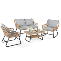 Garvee 4-Piece Outdoor Wicker Sofa Set, PE Rattan Patio Conversation Set with Loveseat, 2 Chairs, Cushions & Glass Table,Bent-leg, Gray
