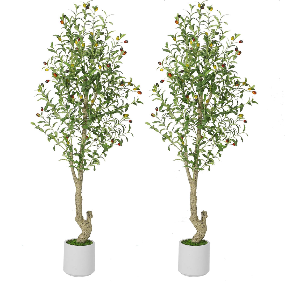 Garvee 6ft Tall Faux Olive Tree with White Planter and Green Fake Moss, Artificial Olive Trees for Home Office Living Room Bedroom Stairs Foyer Decor, 2pack