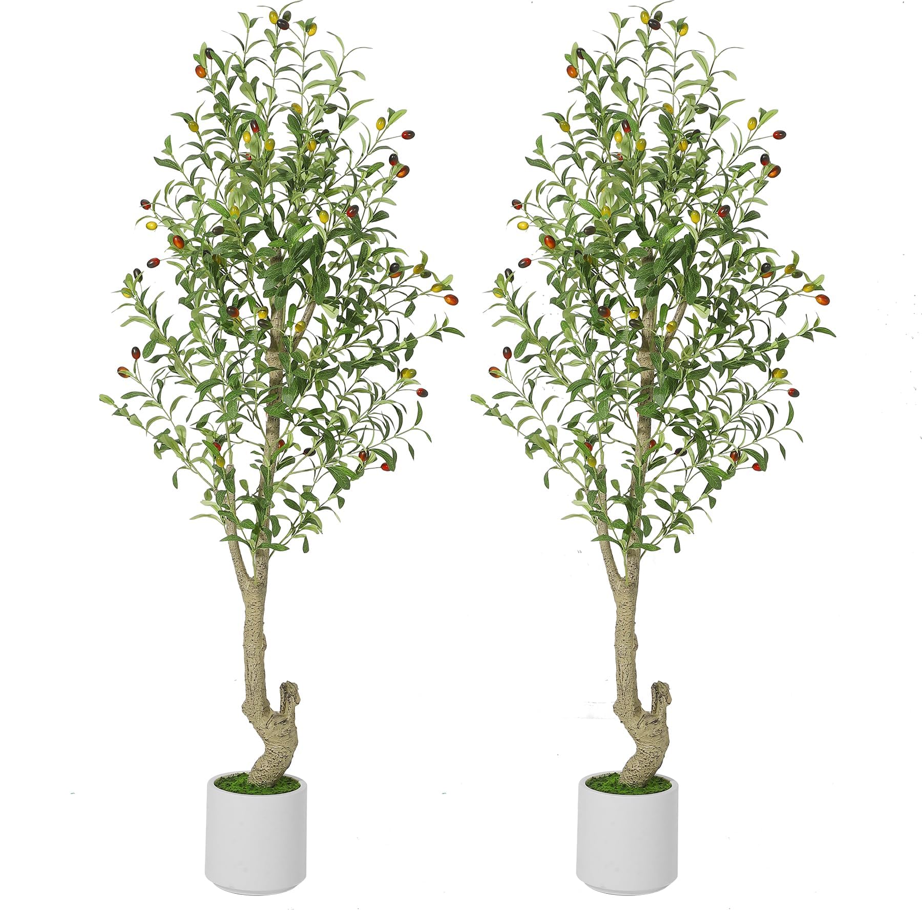 Garvee 6ft Tall Faux Olive Tree with White Planter and Green Fake Moss, Artificial Olive Trees for Home Office Living Room Bedroom Stairs Foyer Decor, 2pack