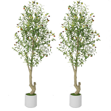 Garvee 6ft Tall Faux Olive Tree with White Planter and Green Fake Moss, Artificial Olive Trees for Home Office Living Room Bedroom Stairs Foyer Decor, 2pack