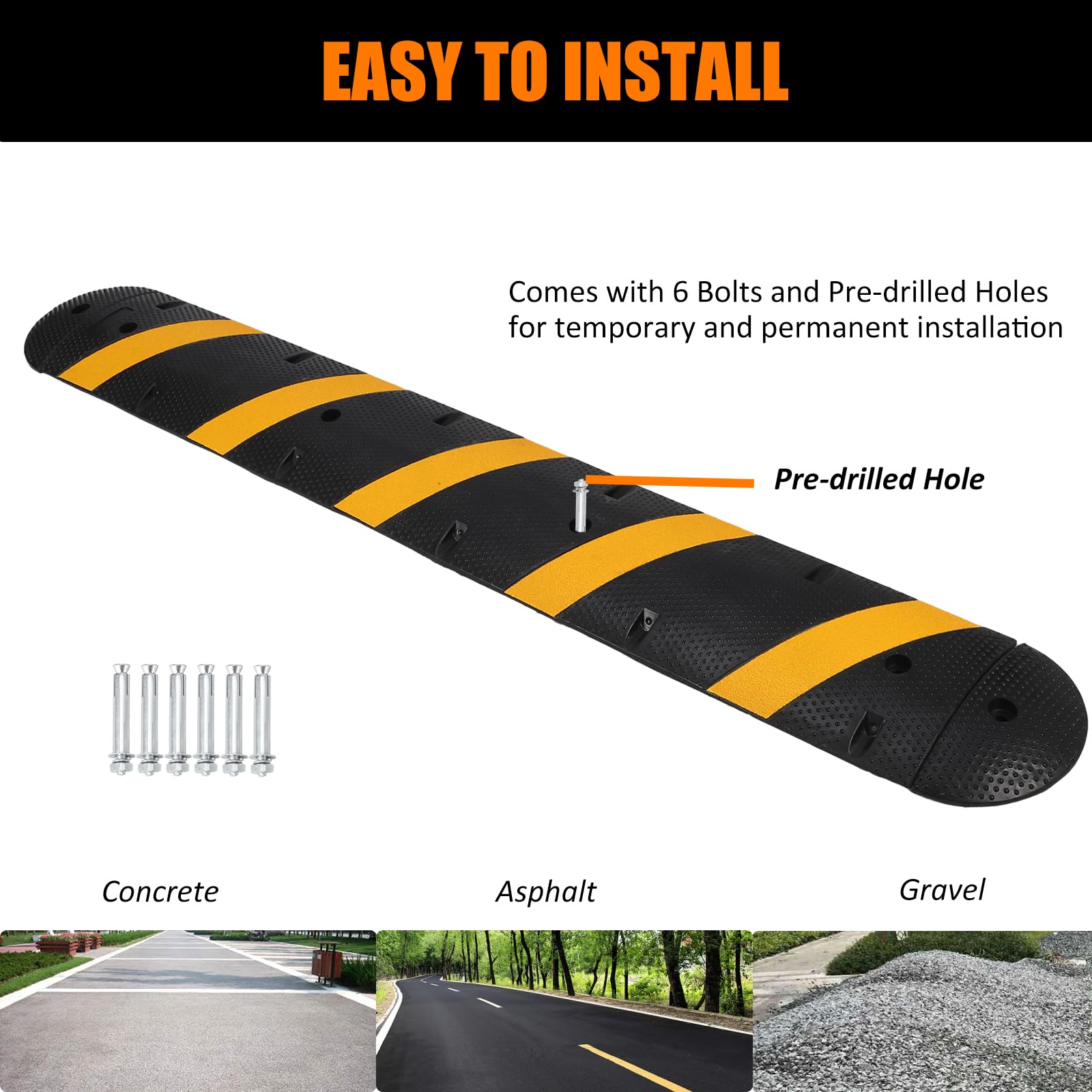 6 Ft Rubber Speed Bump, 2 Channel Modular Heavy Duty Speed Bumps Humps 25000 lbs Load Capacity, Cable Protector Ramp with 2 End Caps for Asphalt Concrete Gravel Driveway Road