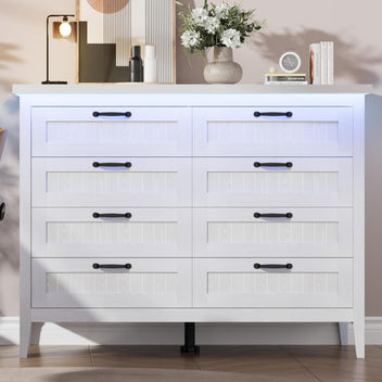 Garvee 8 Drawer Dresser with Power Outlet, White Dresser with LED Light, Modern Chest of Drawers for Closet, Double Wide Drawer Organizer Cabinet for Bedroom, Living Room