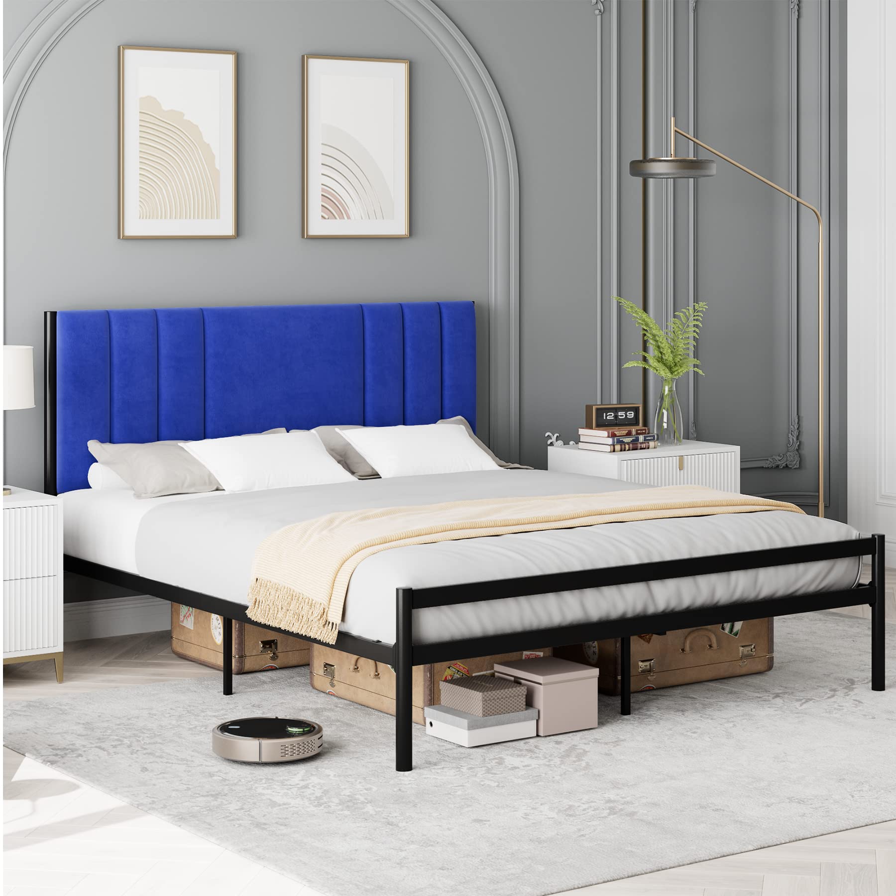 Blue upholstered king bed frame with black platform and under-bed storage drawers