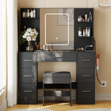 Garvee Vanity Desk with Mirror, Led Lights, Power Outlet and Stool, Makeup Vanity Table with 7 Drawers and 6 Storage Shelves, 3 Color Modes, Dressing Table for Bedroom Dressing Room (Black) - Black