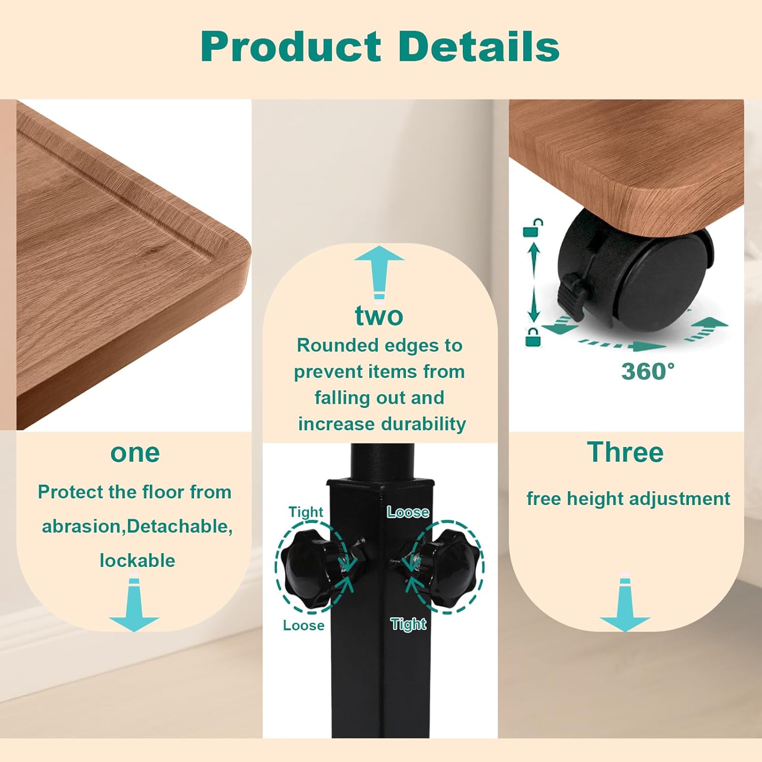 Garvee Modern C Shaped Tables Adjustable Height, 360° Swivel Lift Top Bed End Tables with Wheels, Small Side Table for Couch Living Room, Bedroom(Wood Color)