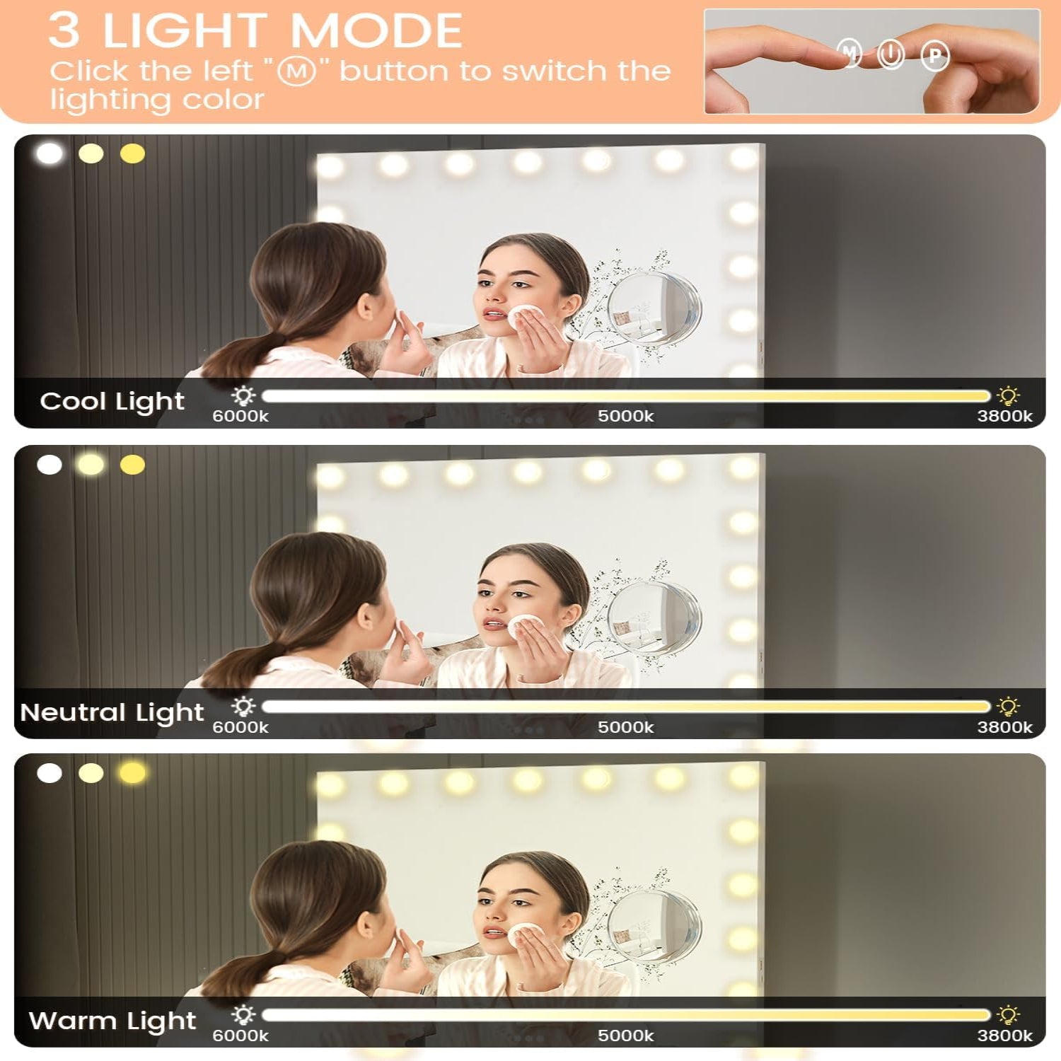 Garvee Vanity Mirror with 17 Dimmable LED Bulbs, Tabletop Lighted Mirror with Lights, Makeup Mirror with 3X Magnification, 3 Colors Modes,Touch Control, USB Charging Port, 32”x24”, White