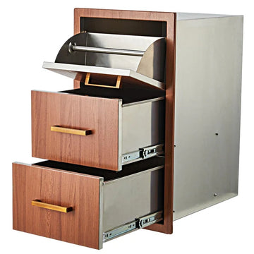 Garvee Outdoor Kitchen Drawers 17" W x 30" H x 21" D, Flush Mount Triple BBQ Drawers with Stainless Steel Handle, Paper Towel Holder Combo, Brown