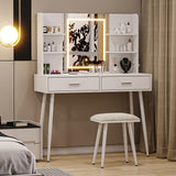 Garvee Makeup Vanity Desk with Mirror & Lights, Vanity Desk with Power Outlet, Large Makeup Table with Stool & 2 Drawers & 4 Shelves